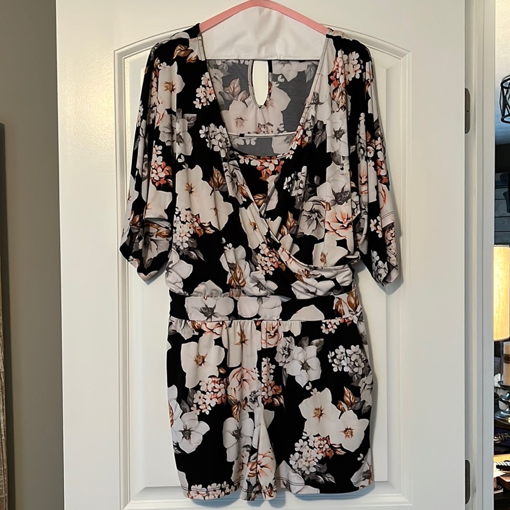 White House Black Market Black Floral Wrap Romper with Blush Accents